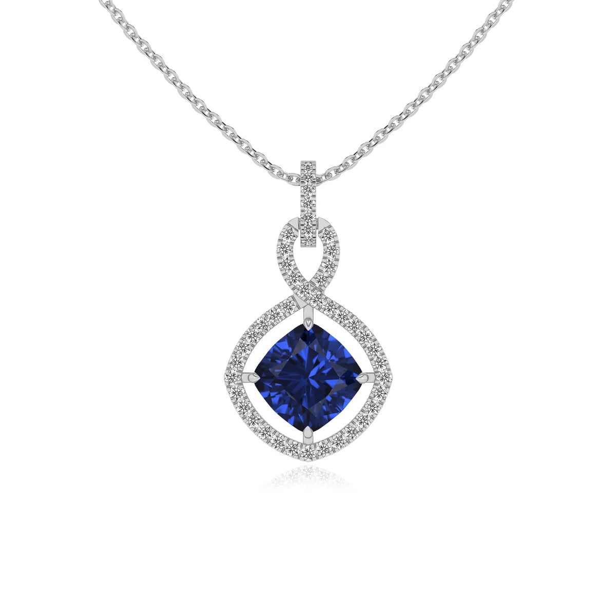 lab grown blue-sapphire cushion infinity necklaces in white gold 