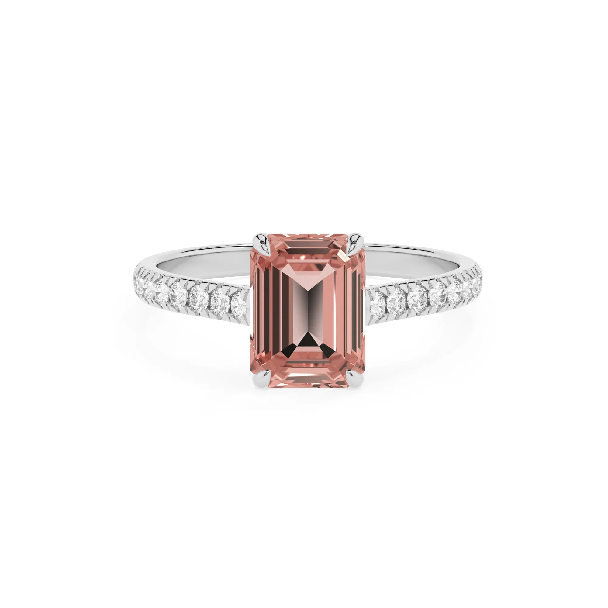 lab grown morganite emerald cut half eternity solitaire engagement rings in white gold 