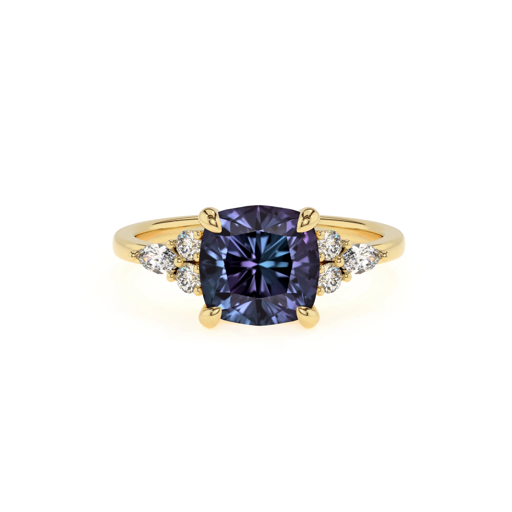 lab grown alexandrite cushion solitaire rings in yellow gold 