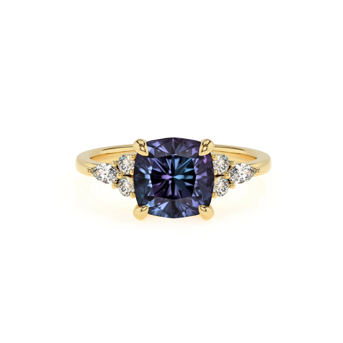lab grown alexandrite cushion solitaire rings in yellow gold 