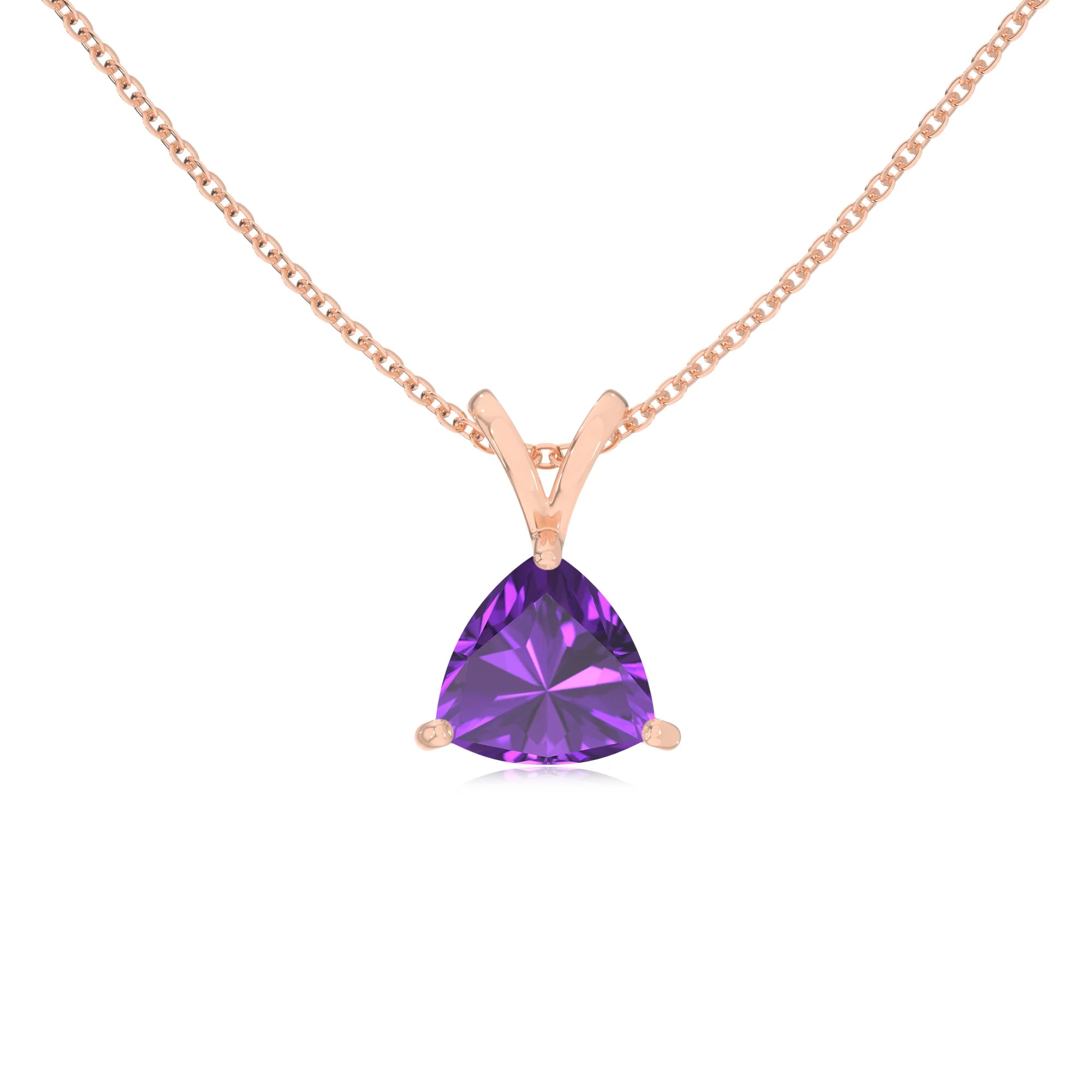 lab grown amethyst trillion solitaire v-bale necklaces in rose gold 
