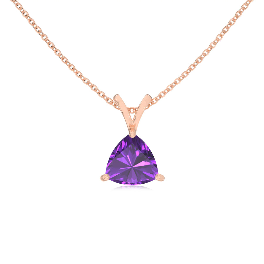 lab grown amethyst trillion solitaire v-bale necklaces in rose gold 
