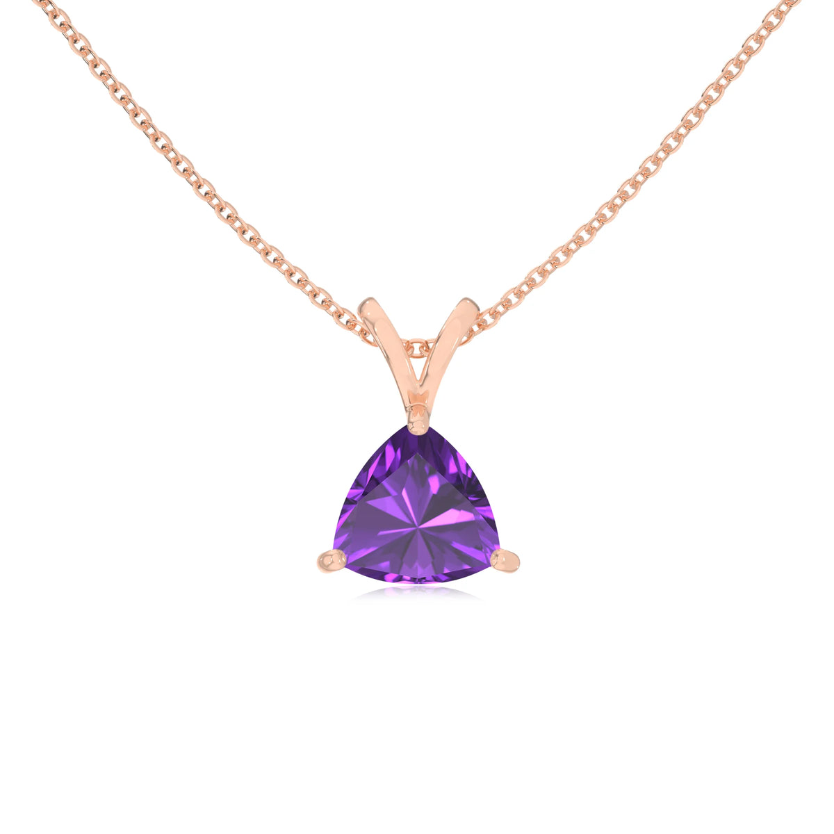 lab grown amethyst trillion solitaire v-bale necklaces in rose gold 