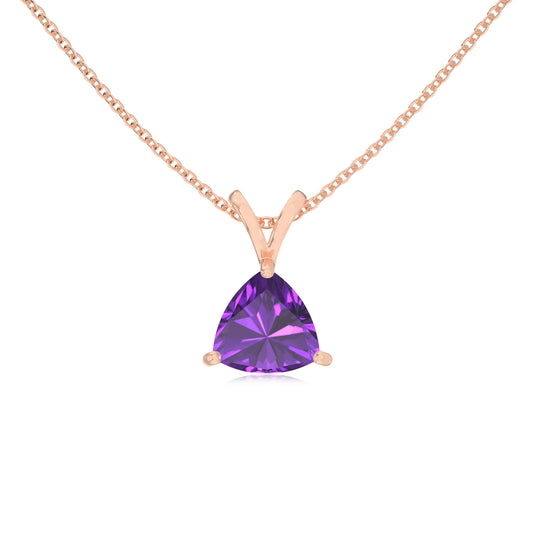 lab grown amethyst trillion solitaire v-bale necklaces in rose gold 