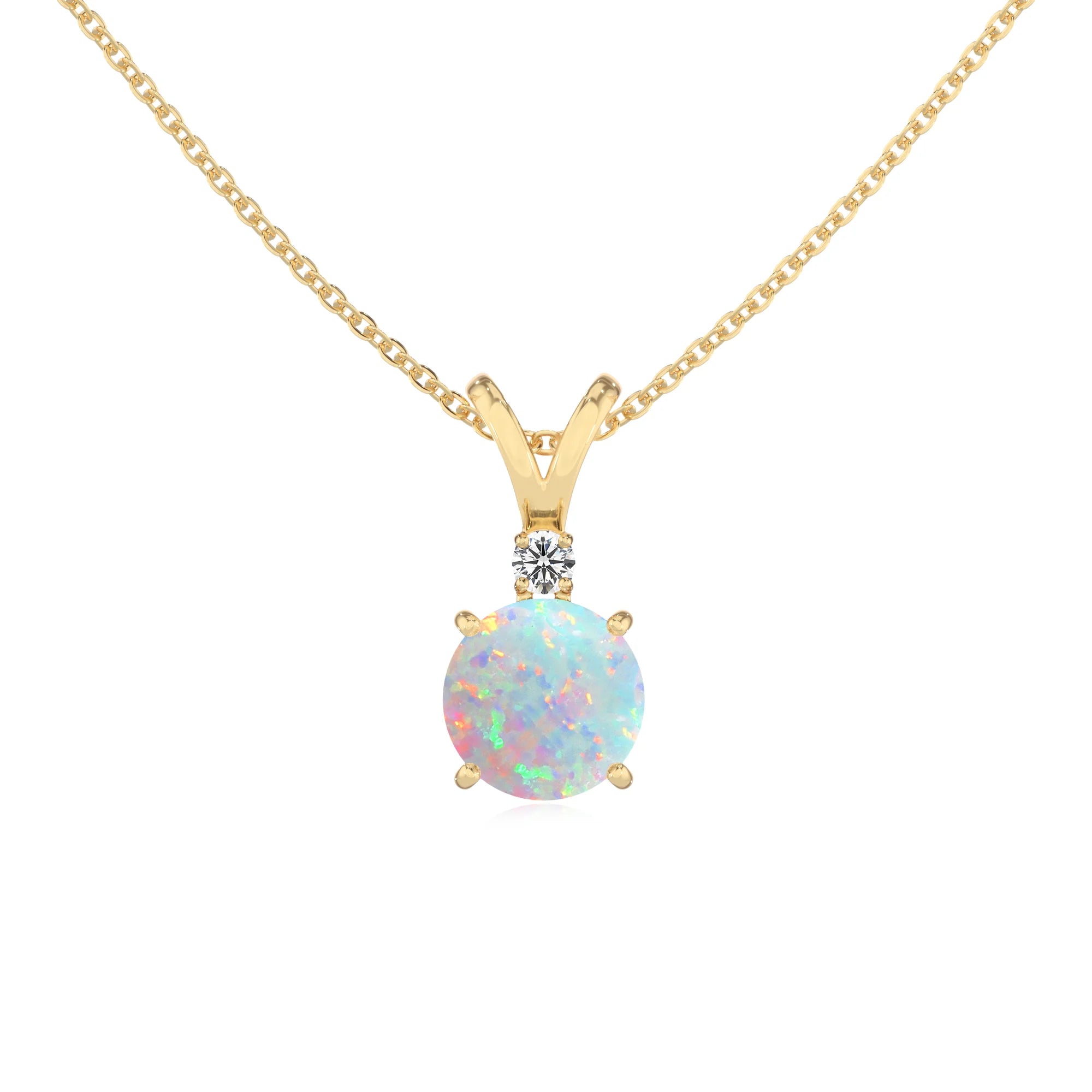 lab grown opal round solitaire v-bale necklaces in yellow gold 
