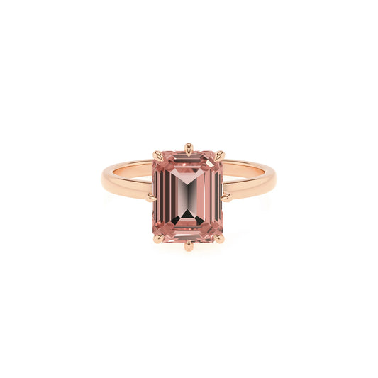 lab grown morganite emerald cut solitaire rings in rose gold 
