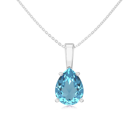 Natural Swiss Blue Topaz Pear Solitaire Pendant Necklace with 18" Chain