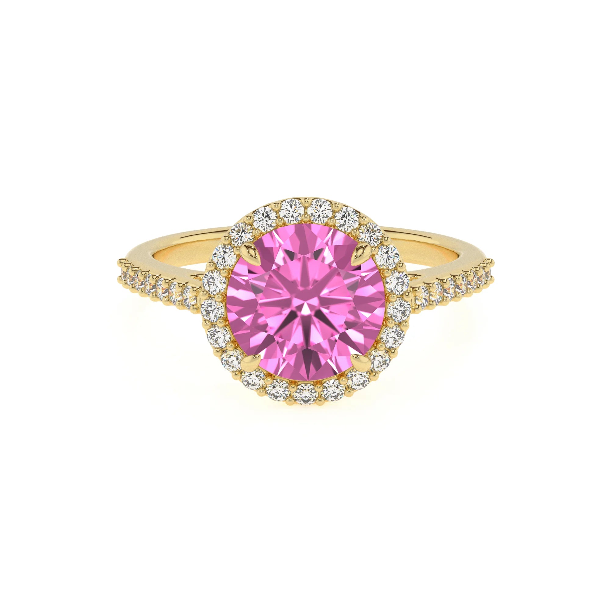 lab grown pink-sapphire round solitaire rings in yellow gold 