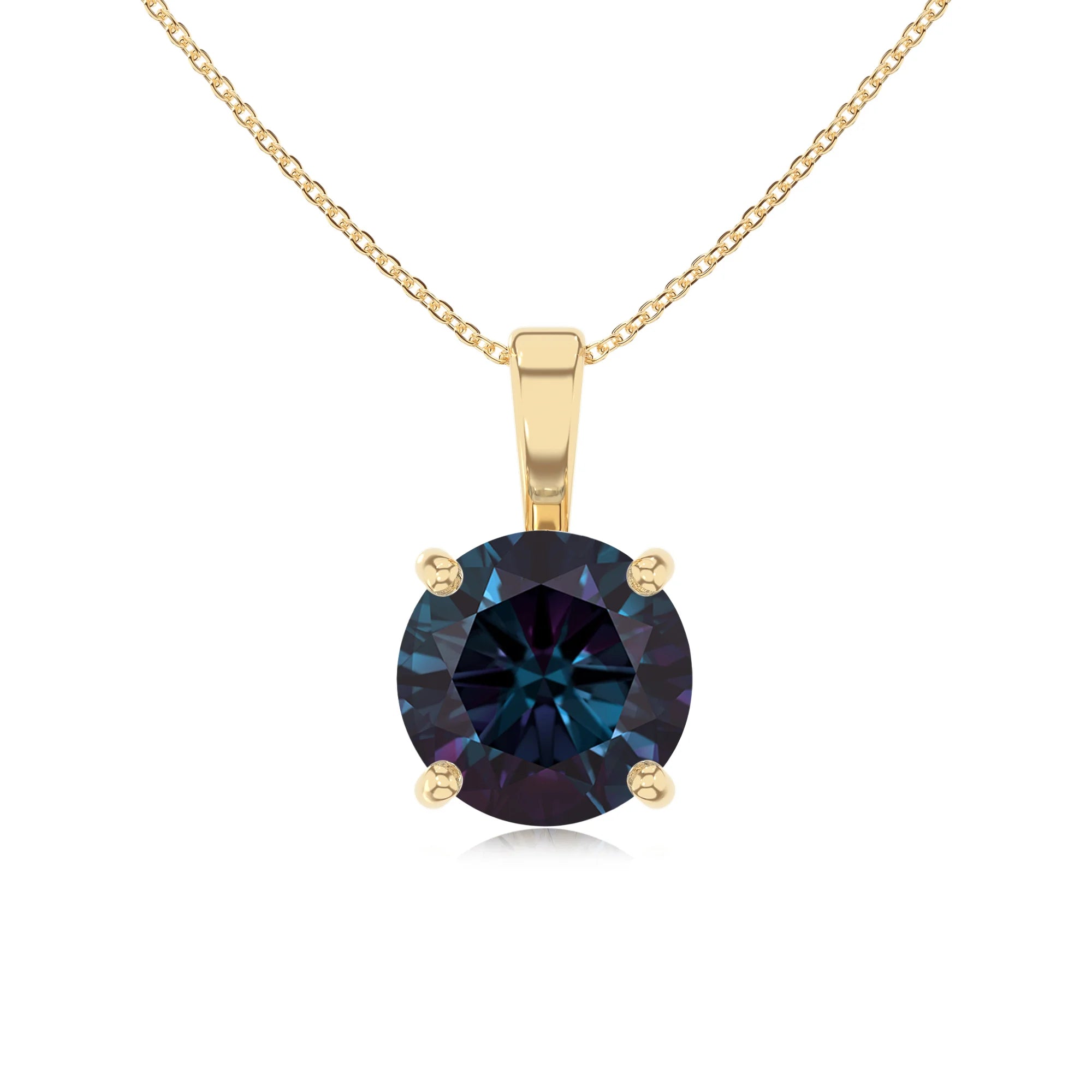 lab grown alexandrite round solitaire necklaces in yellow gold 
