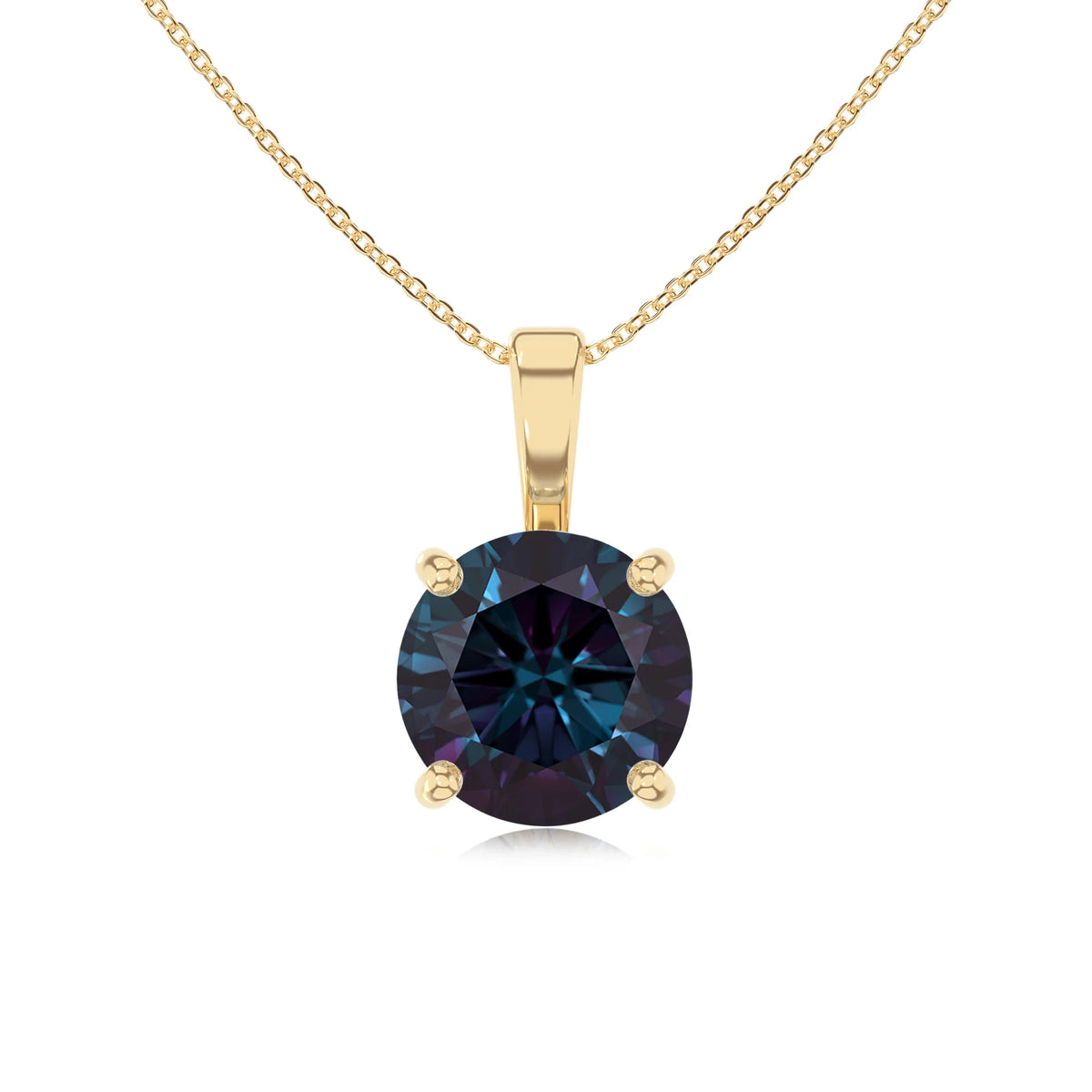 lab grown alexandrite round solitaire necklaces in yellow gold 