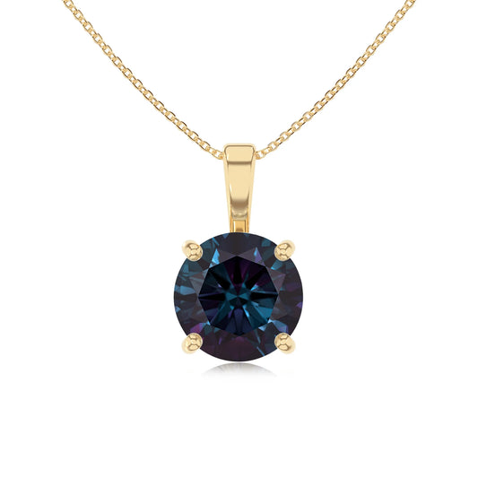 lab grown alexandrite round solitaire necklaces in yellow gold 