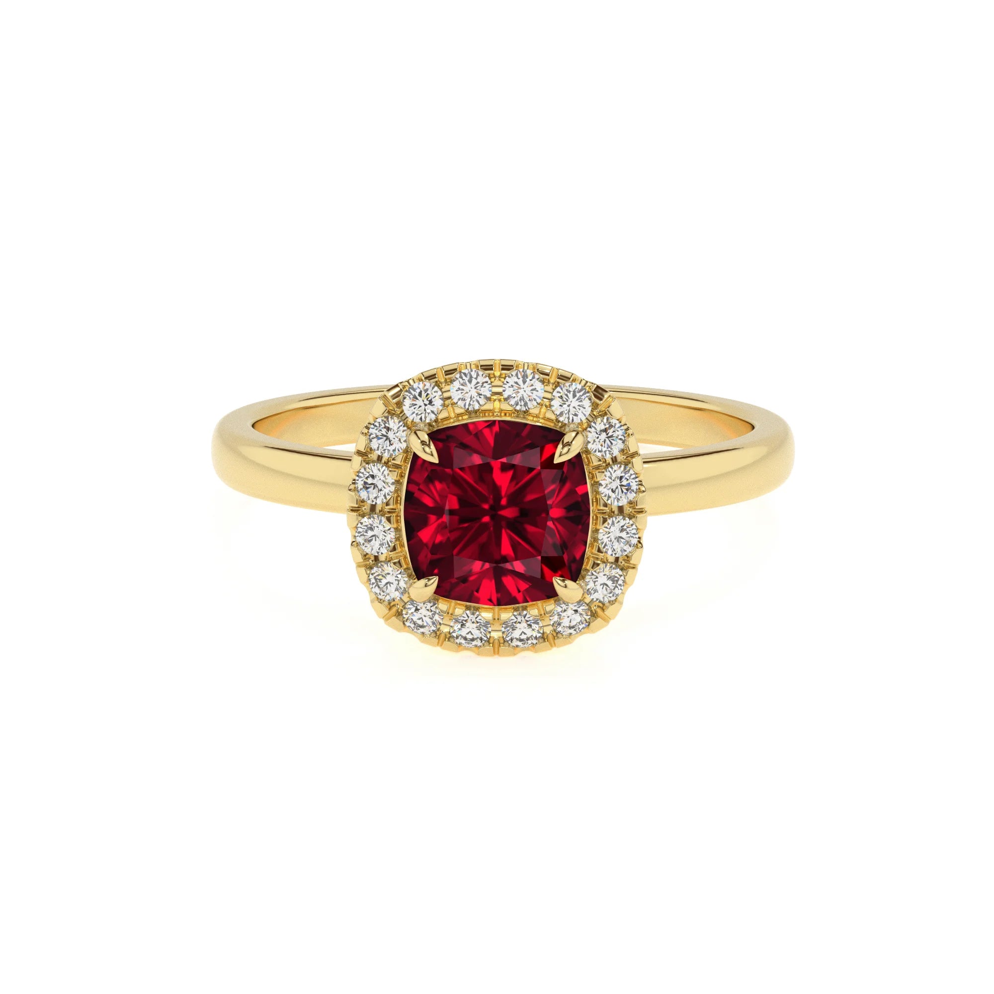lab grown ruby cushion solitaire rings in yellow gold 