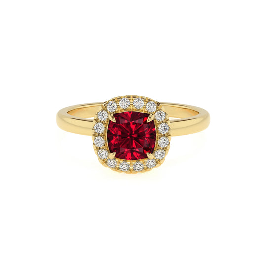 lab grown ruby cushion solitaire rings in yellow gold 