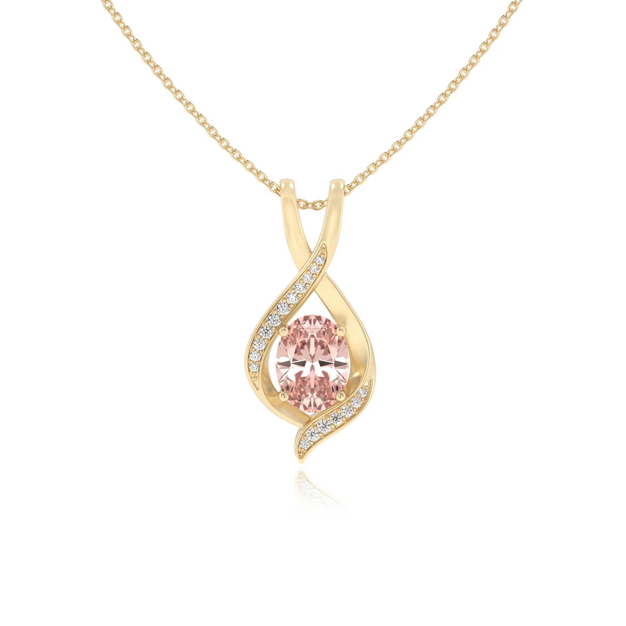 lab grown morganite oval solitaire necklaces in yellow gold 
