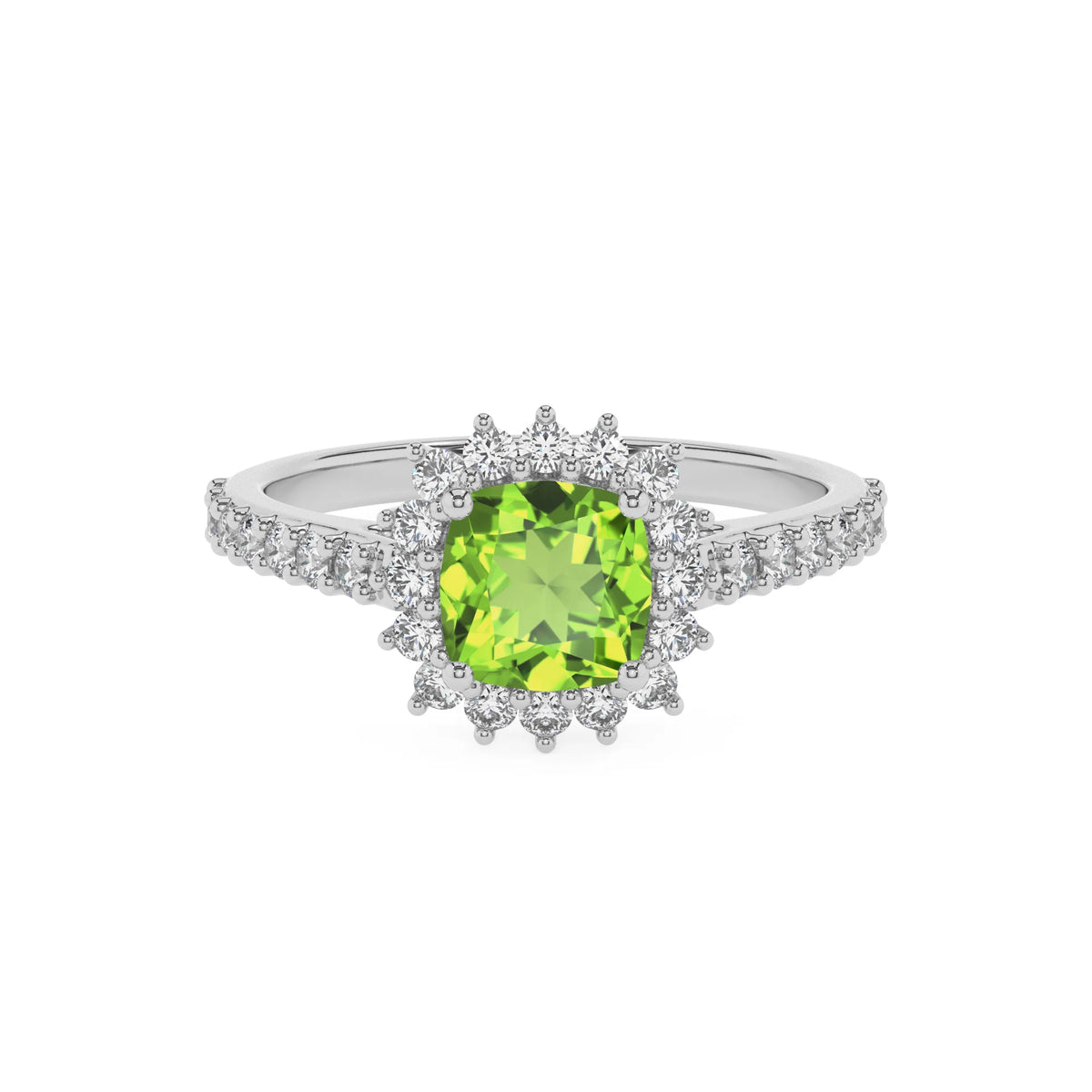 natural peridot cushion solitaire rings in white gold 