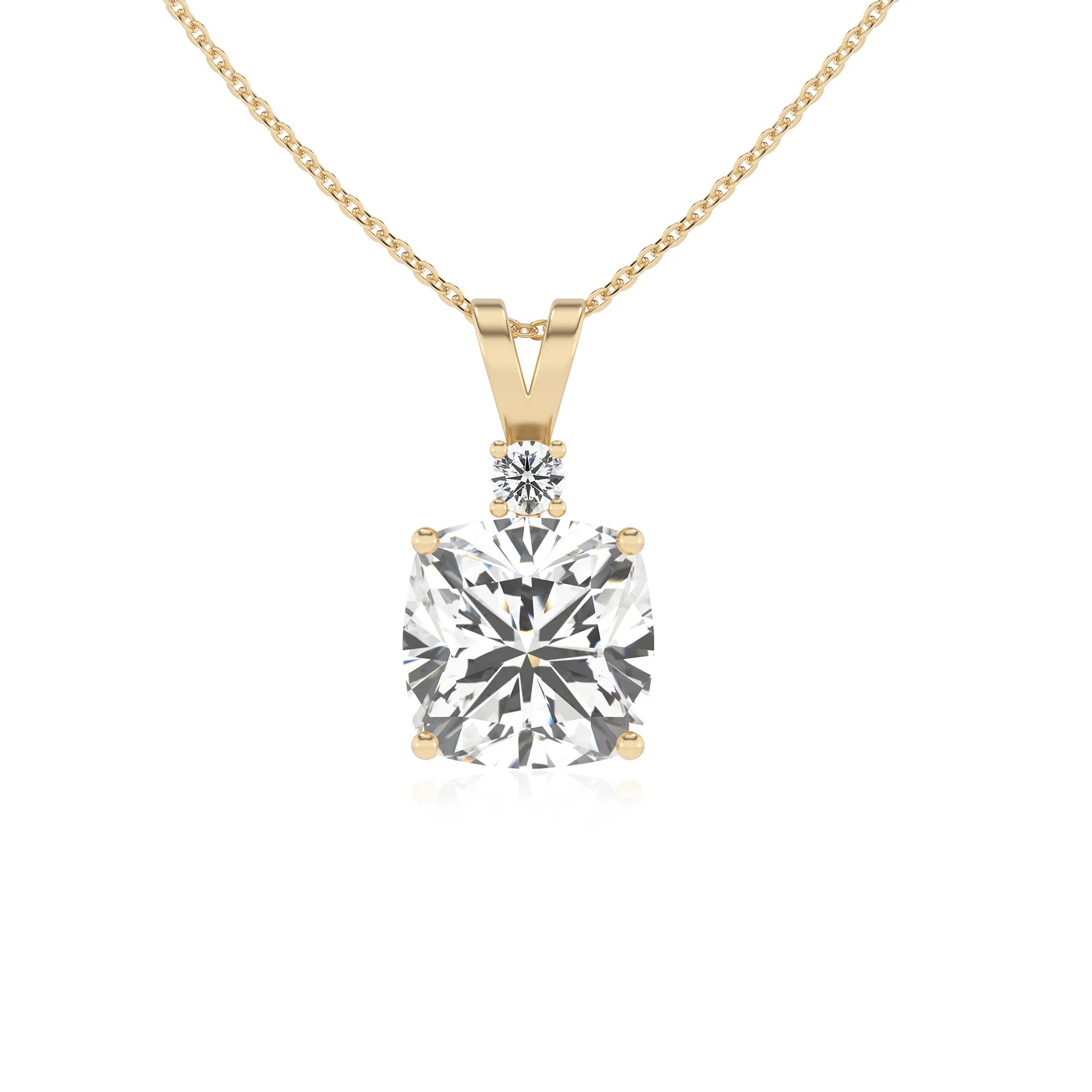 lab grown moissanite cushion solitaire v-bale necklaces in yellow gold 