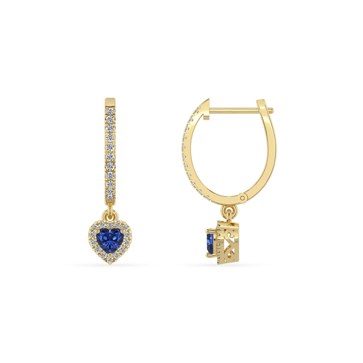 lab grown blue sapphire heart drop earrings in yellow gold 