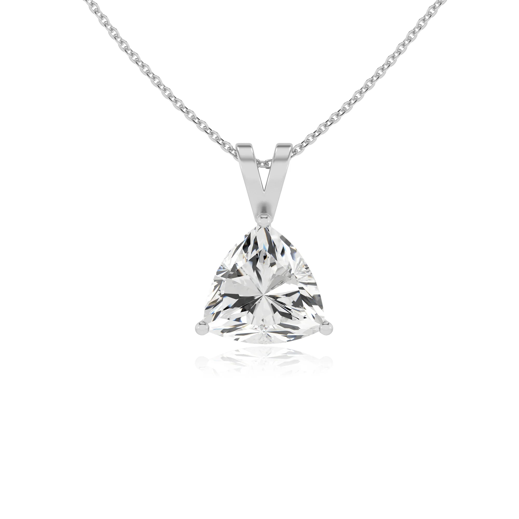 lab grown moissanite trillion solitaire v-bale necklaces in sterling silver 