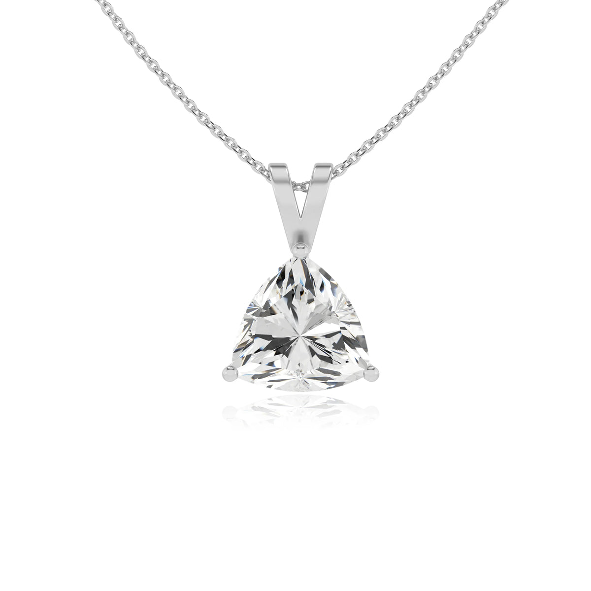 lab grown moissanite trillion solitaire v-bale necklaces in sterling silver 