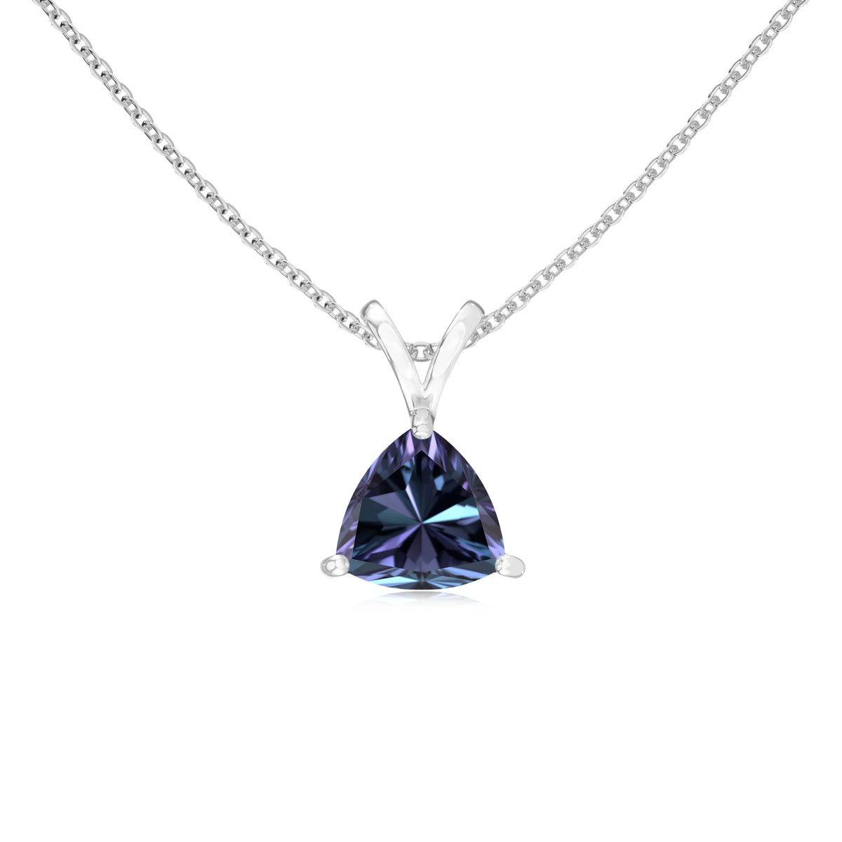 lab grown alexandrite trillion solitaire v-bale necklaces in sterling silver 