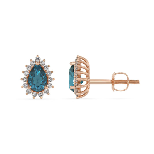 natural london blue topaz pear stud earrings in rose gold 