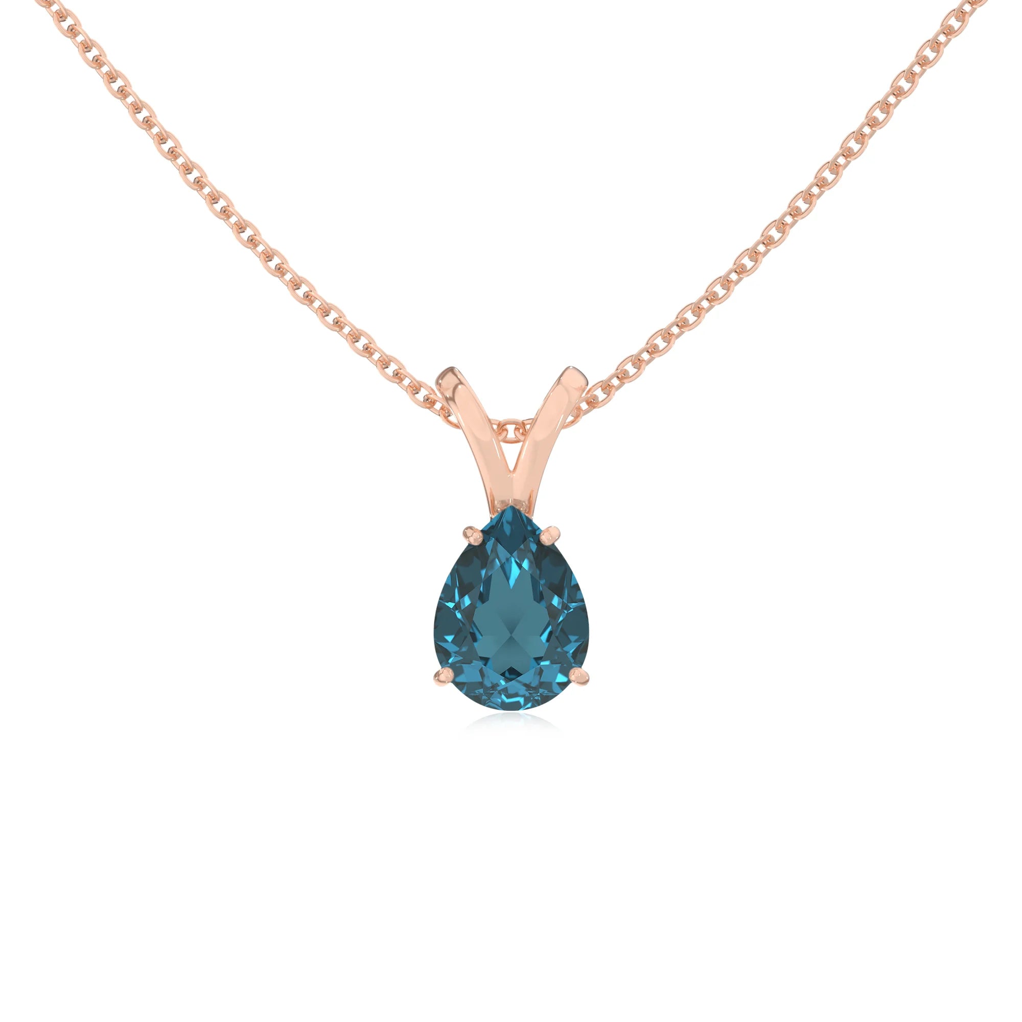 natural london-blue-topaz pear solitaire v-bale necklaces in rose gold 