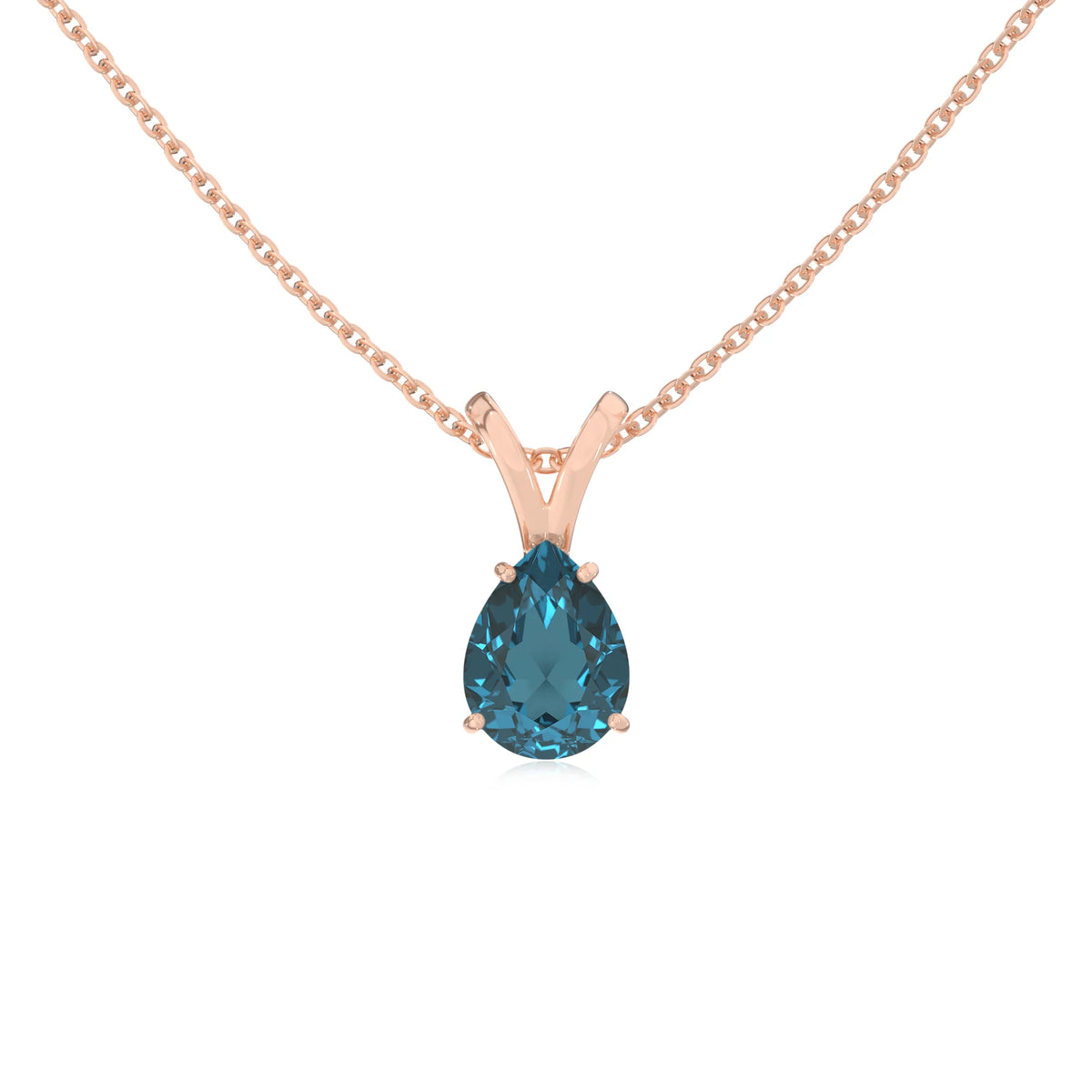 natural london-blue-topaz pear solitaire v-bale necklaces in rose gold 