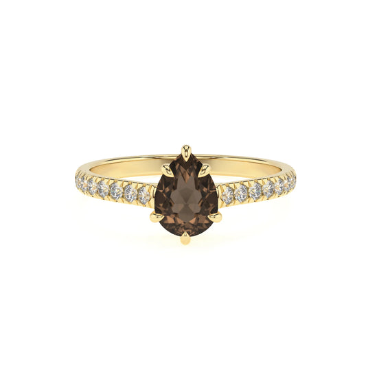 natural smoky-quartz pear half eternity solitaire engagement rings in yellow gold 