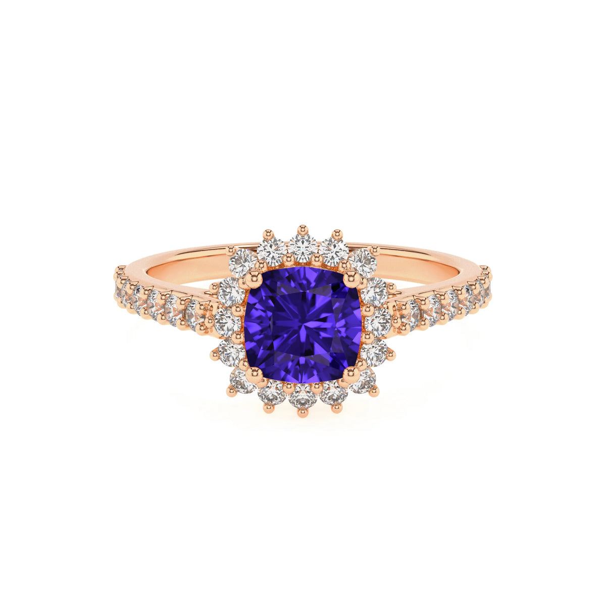 lab grown tanzanite cushion solitaire rings in rose gold 