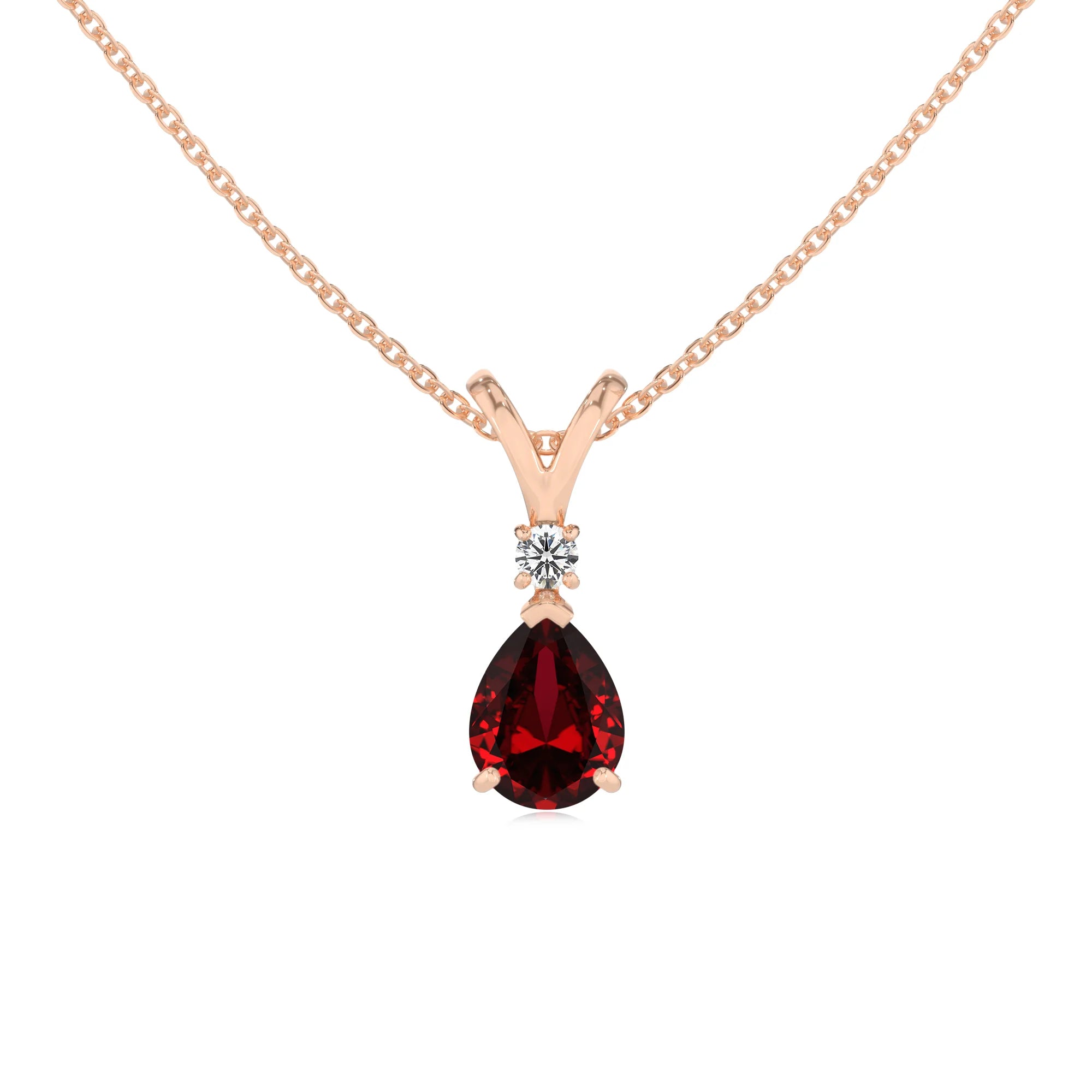 lab grown ruby pear solitaire v-bale necklaces in rose gold 