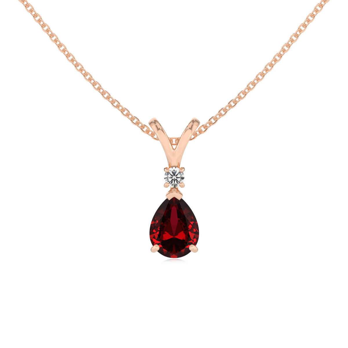lab grown ruby pear solitaire v-bale necklaces in rose gold 