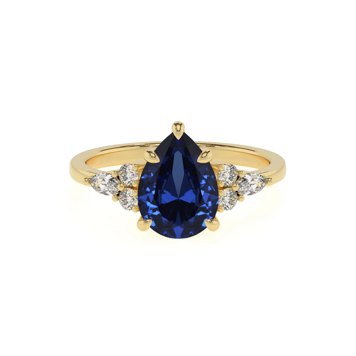 lab grown blue-sapphire pear solitaire rings in yellow gold 