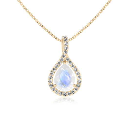 natural rainbow-moonstone pear solitaire necklaces in yellow gold 