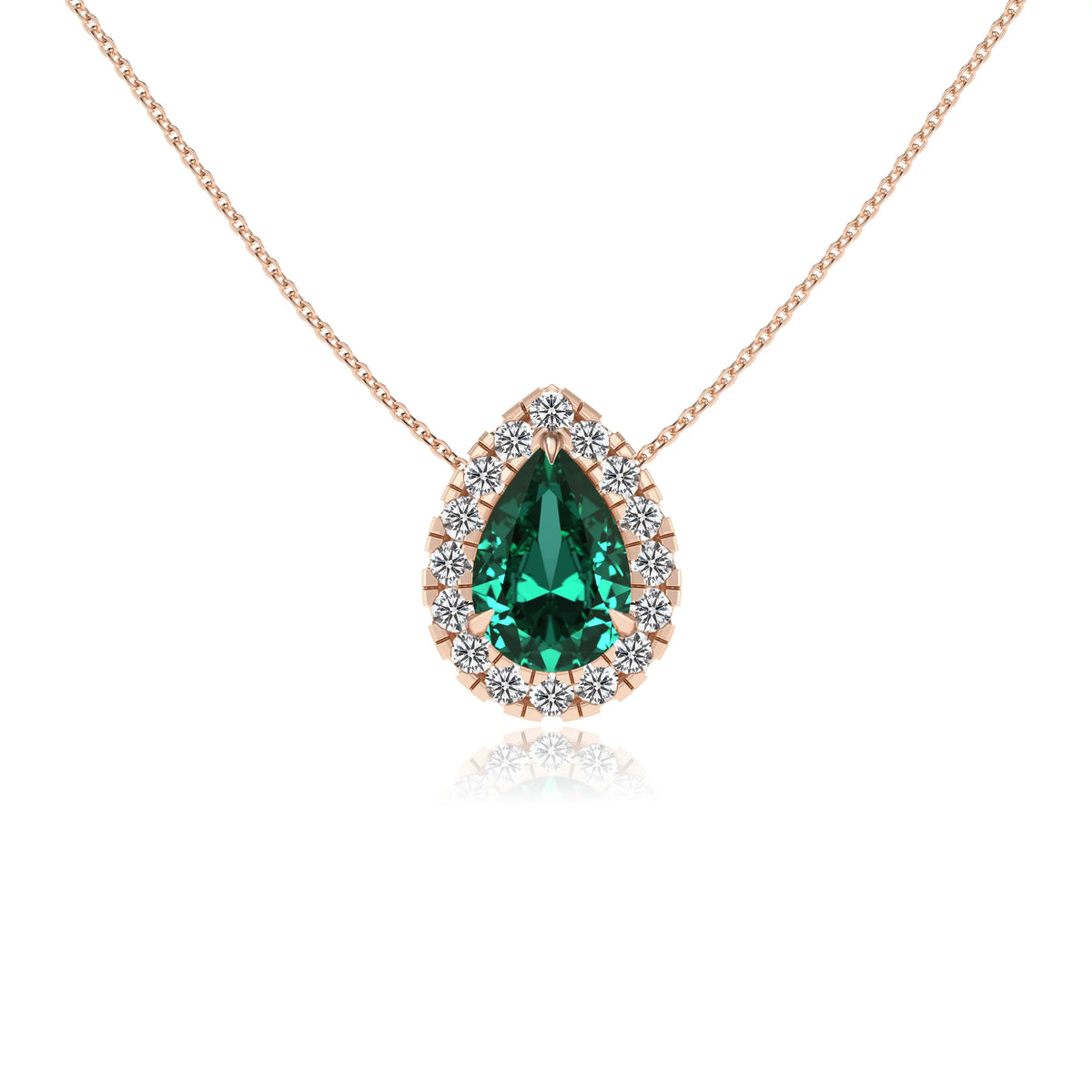 lab grown emerald pear solitaire necklaces in rose gold 