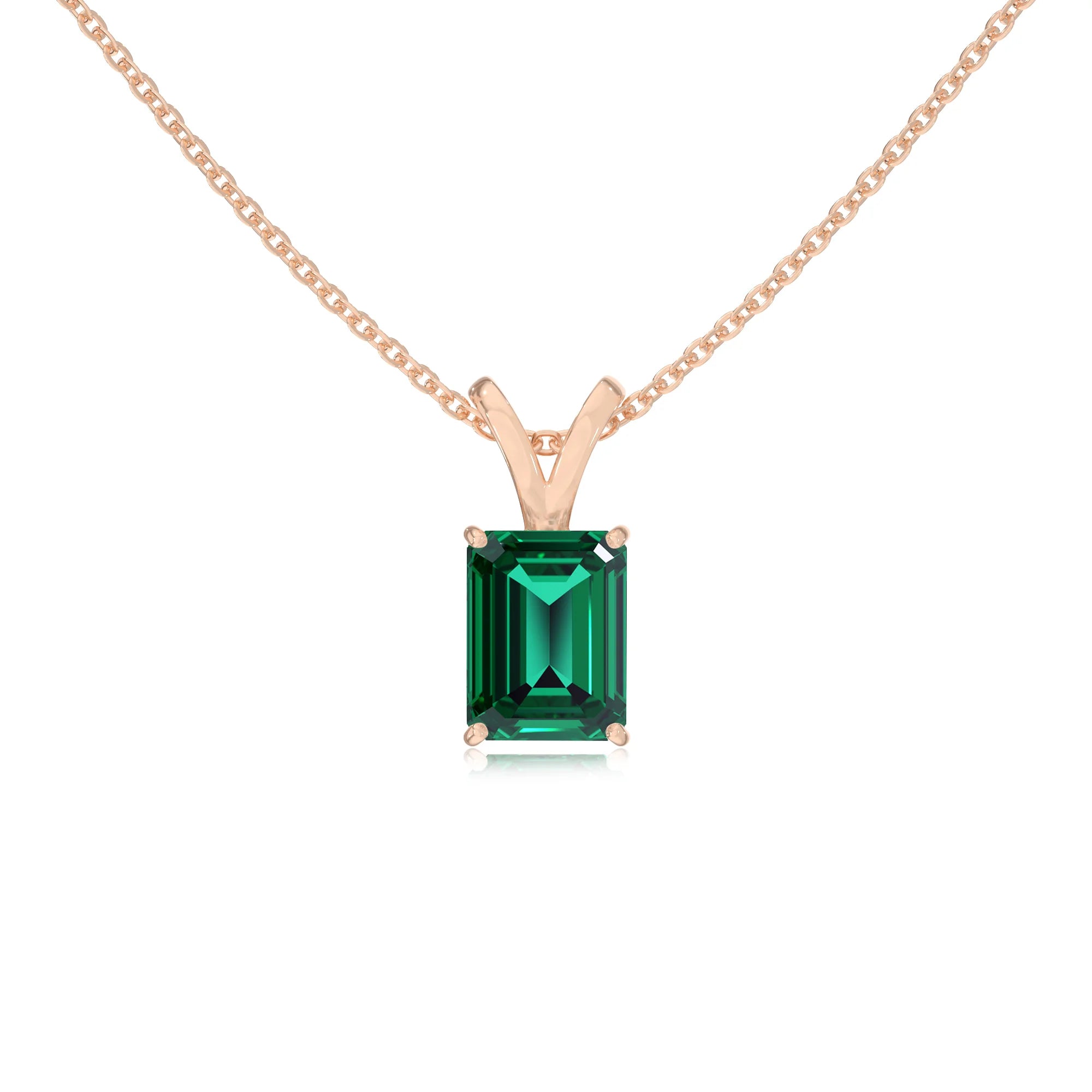 lab grown emerald octogon cut solitaire v-bale necklaces in rose gold 