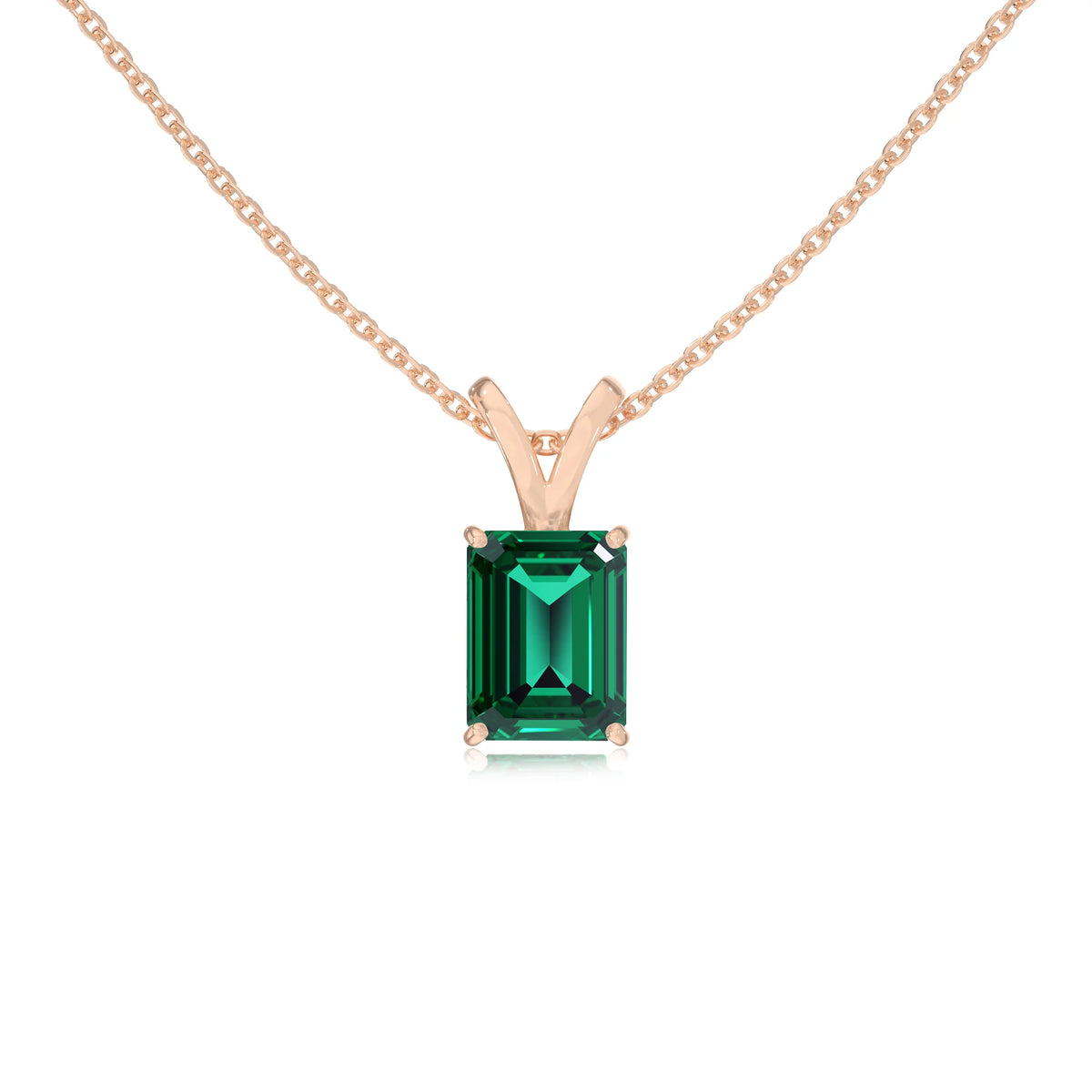 lab grown emerald octogon cut solitaire v-bale necklaces in rose gold 