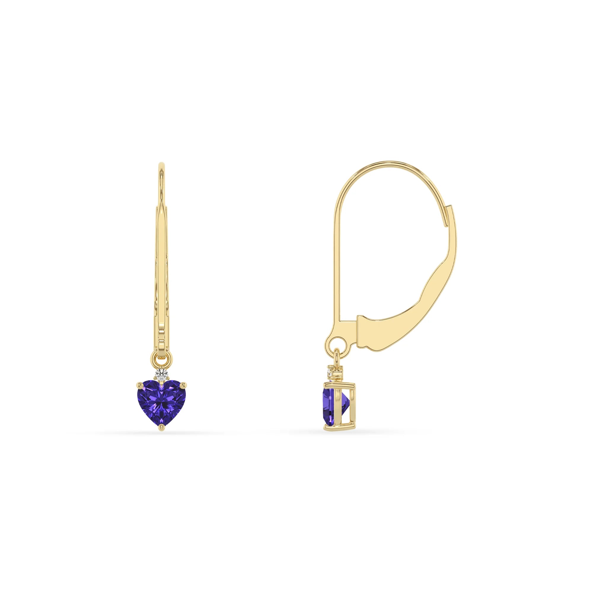 lab grown tanzanite heart drop earrings in yellow gold 