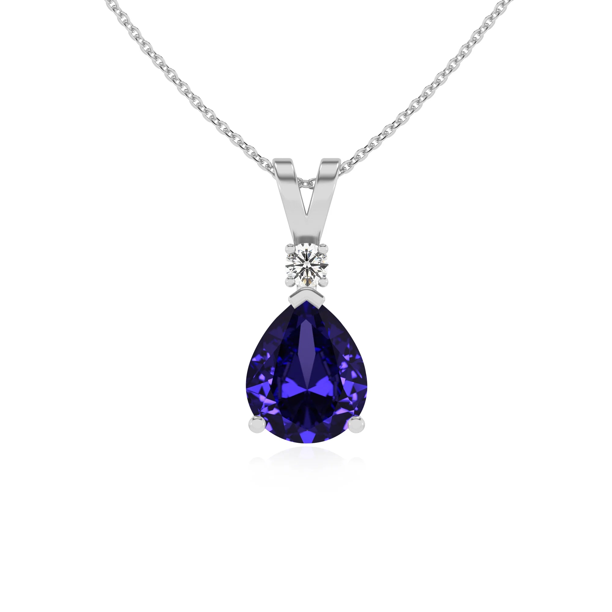lab grown tanzanite pear solitaire v-bale necklaces in sterling silver 