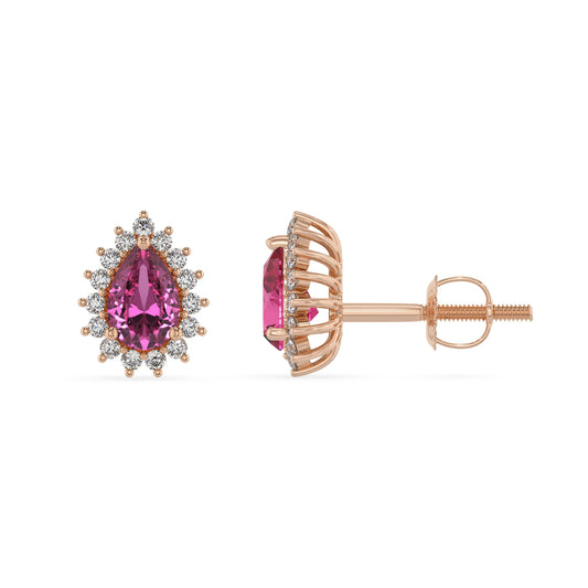 lab grown pink sapphire pear stud earrings in rose gold 