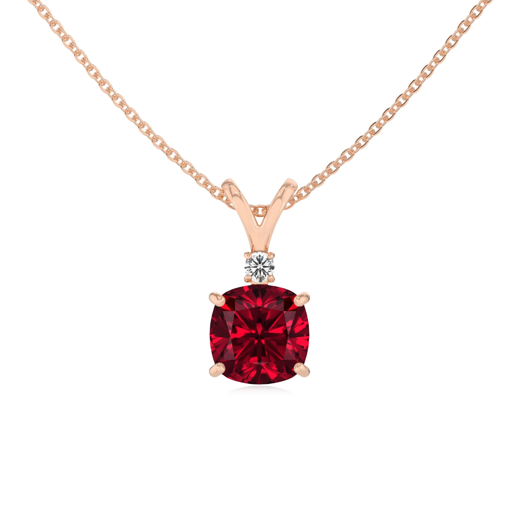 lab grown ruby cushion solitaire v-bale necklaces in rose gold 