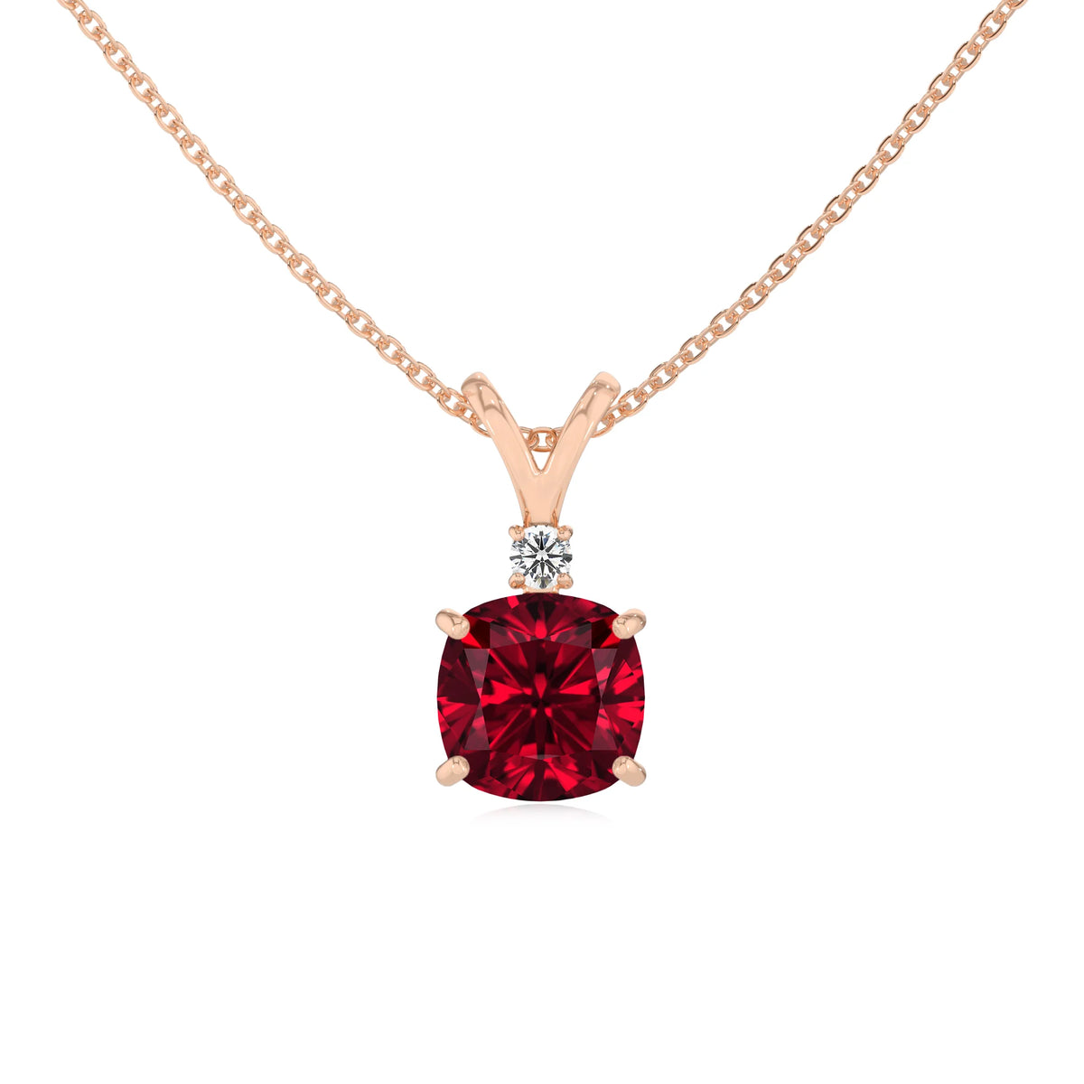 lab grown ruby cushion solitaire v-bale necklaces in rose gold 
