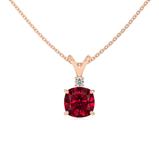 lab grown ruby cushion solitaire v-bale necklaces in rose gold 