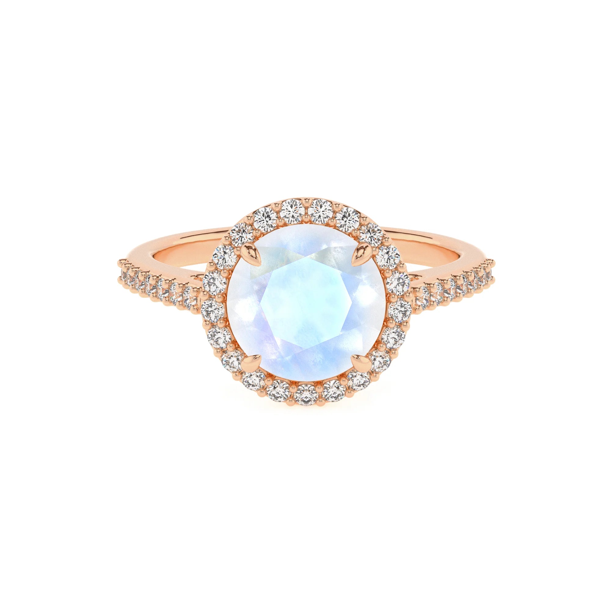 natural rainbow-moonstone round solitaire rings in rose gold 
