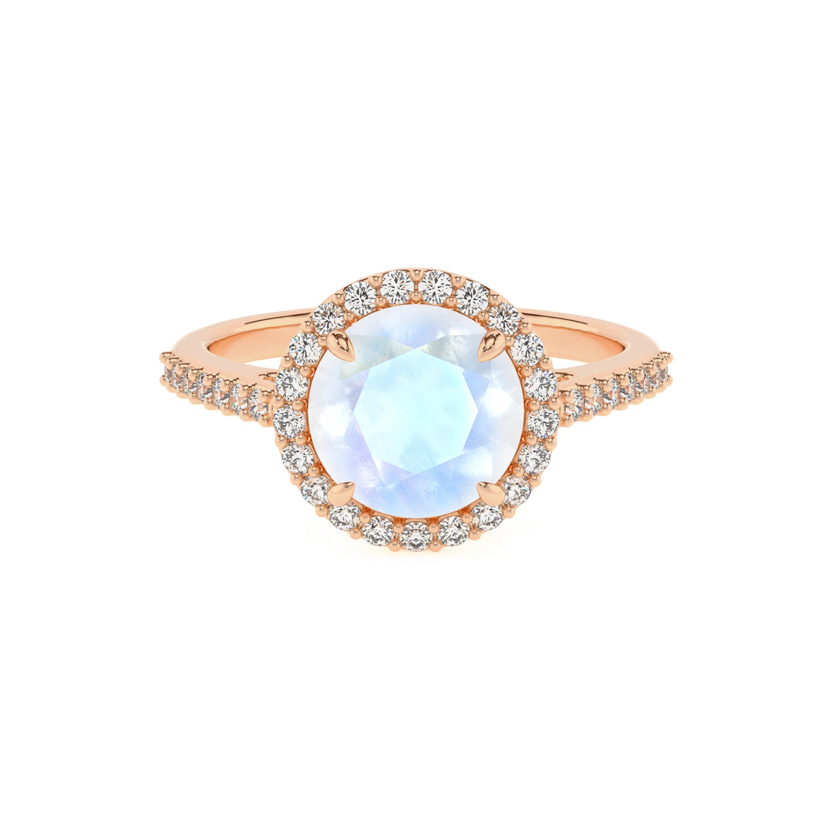 natural rainbow-moonstone round solitaire rings in rose gold 