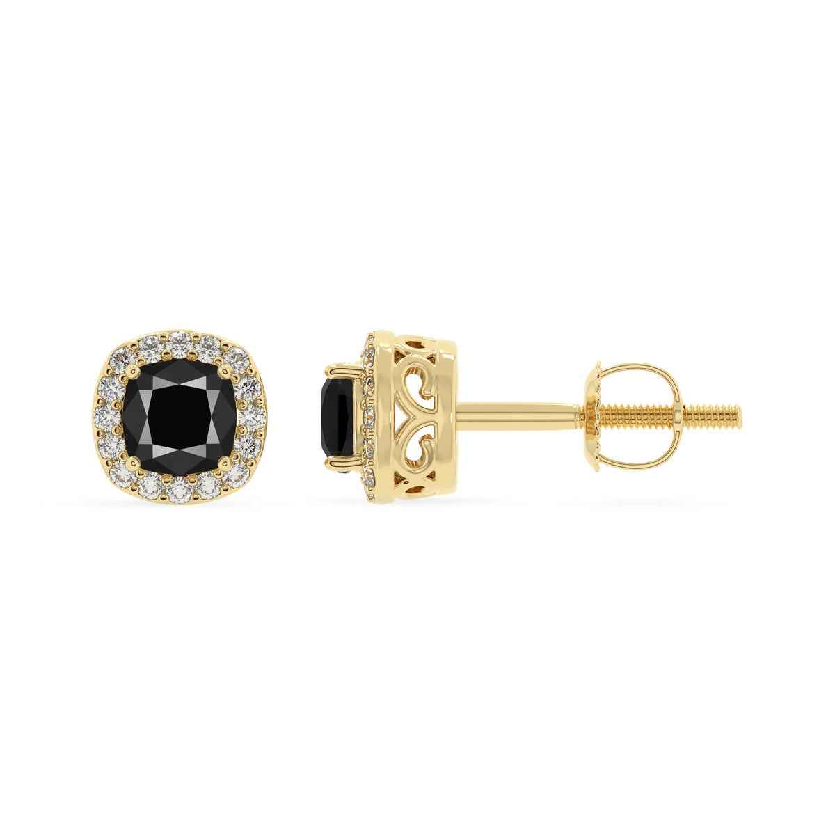 natural black onyx cushion stud earrings in yellow gold 