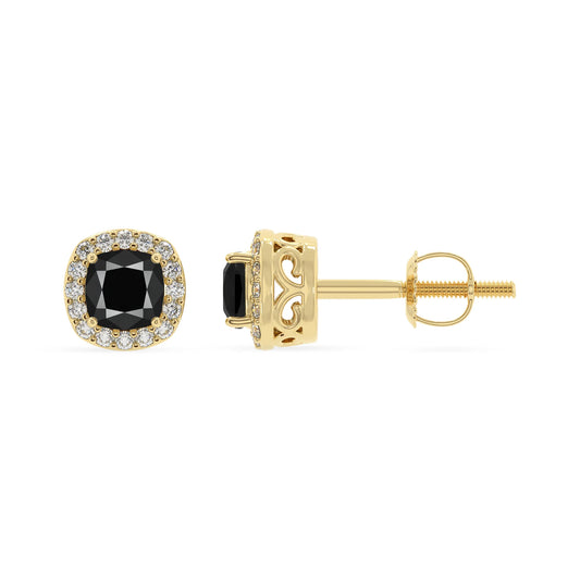 natural black onyx cushion stud earrings in yellow gold 