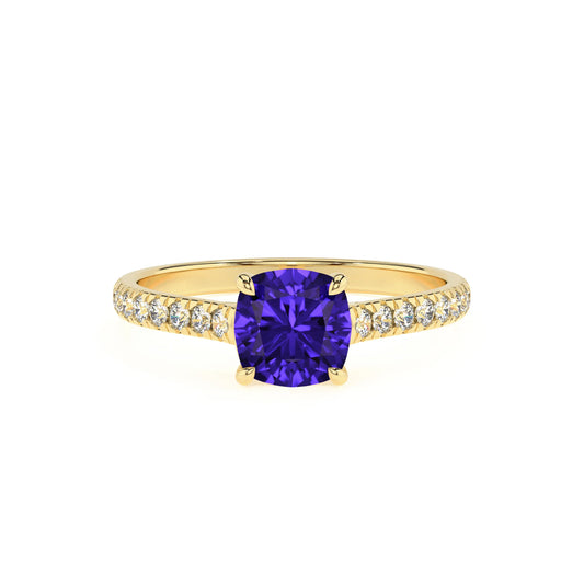 lab grown tanzanite cushion half eternity solitaire engagement rings in yellow gold 