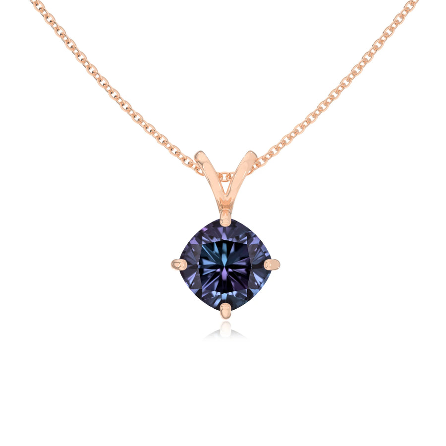 lab grown alexandrite cushion solitaire v-bale necklaces in rose gold 