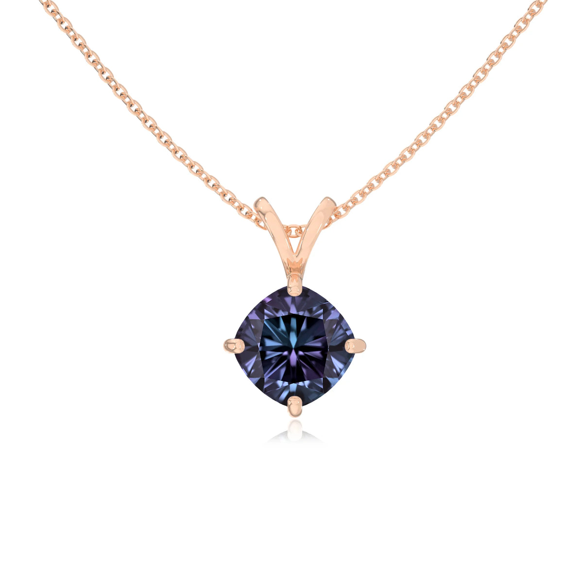 lab grown alexandrite cushion solitaire v-bale necklaces in rose gold 