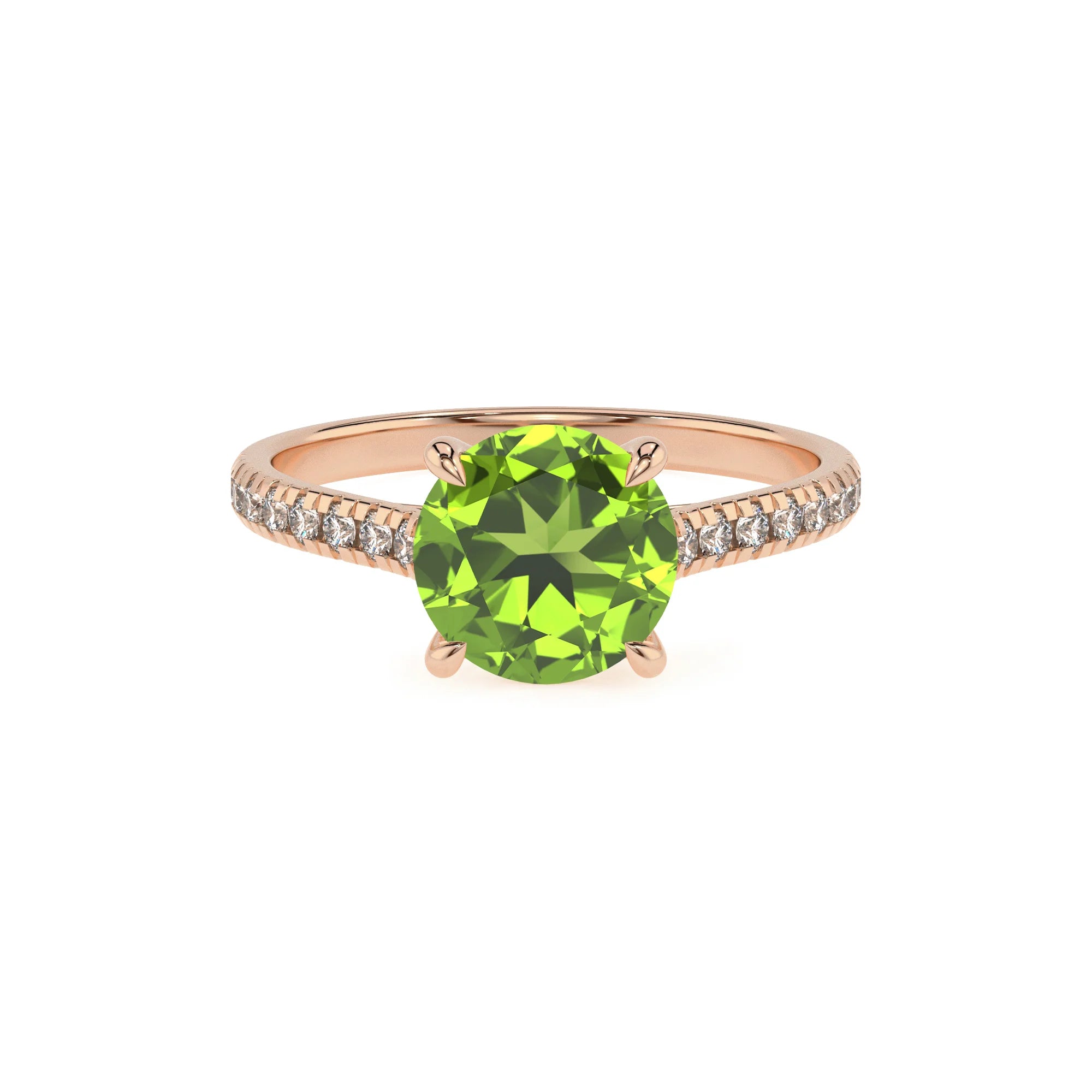 natural peridot round half eternity solitaire engagement rings in rose gold 